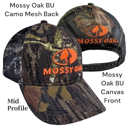 Mossy Oak BU Blaze Orange Logo Camo MESH Trucker Hat Cap for Hunting with Snapback Wicking Sweatband and Precurved Visor