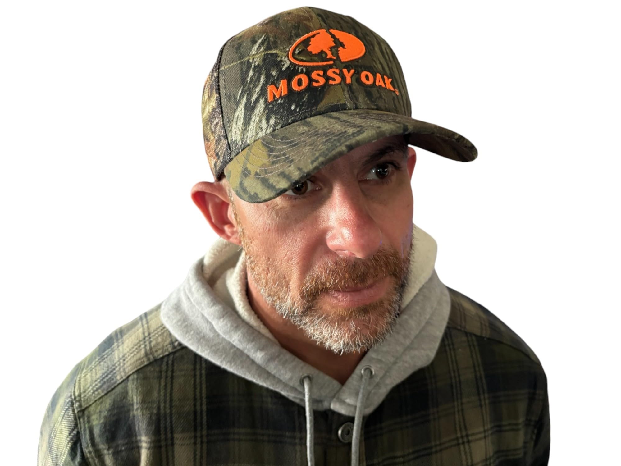 Mossy Oak BU Blaze Orange Logo Camo MESH Trucker Hat Cap for Hunting with Snapback Wicking Sweatband and Precurved Visor